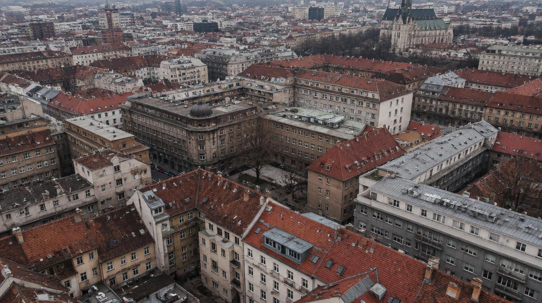 Pogled odozgo na krovove Zagreba, prigušeni betonski tonovi